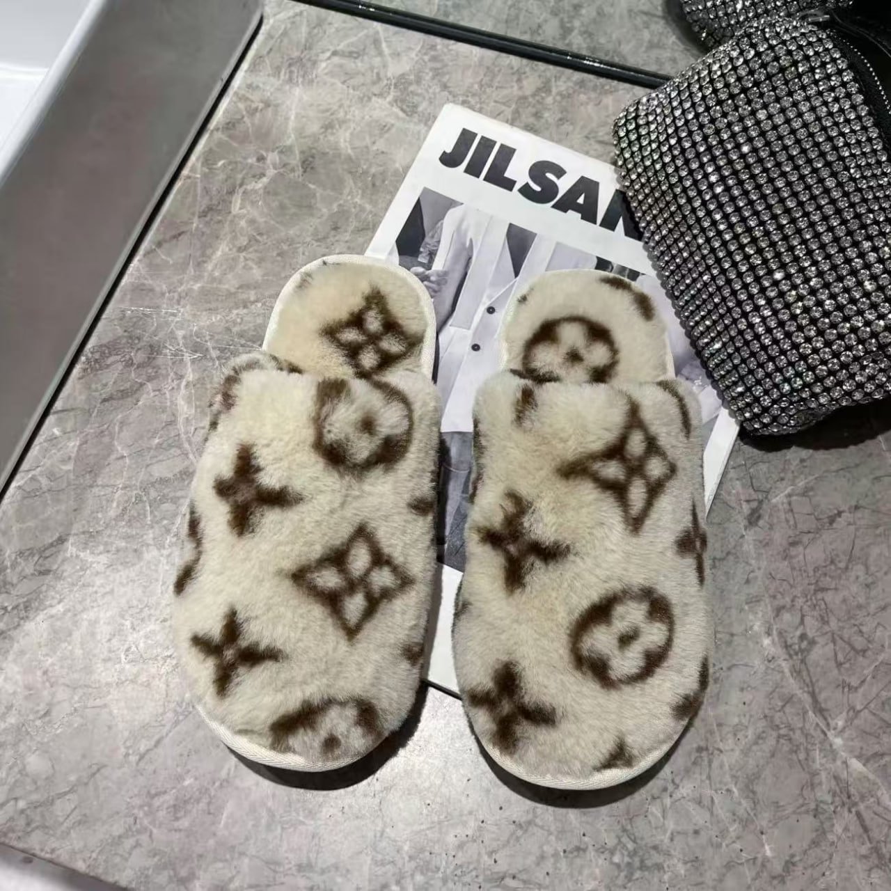 Louis Vuitton Monogram Faux Fur Slippers
