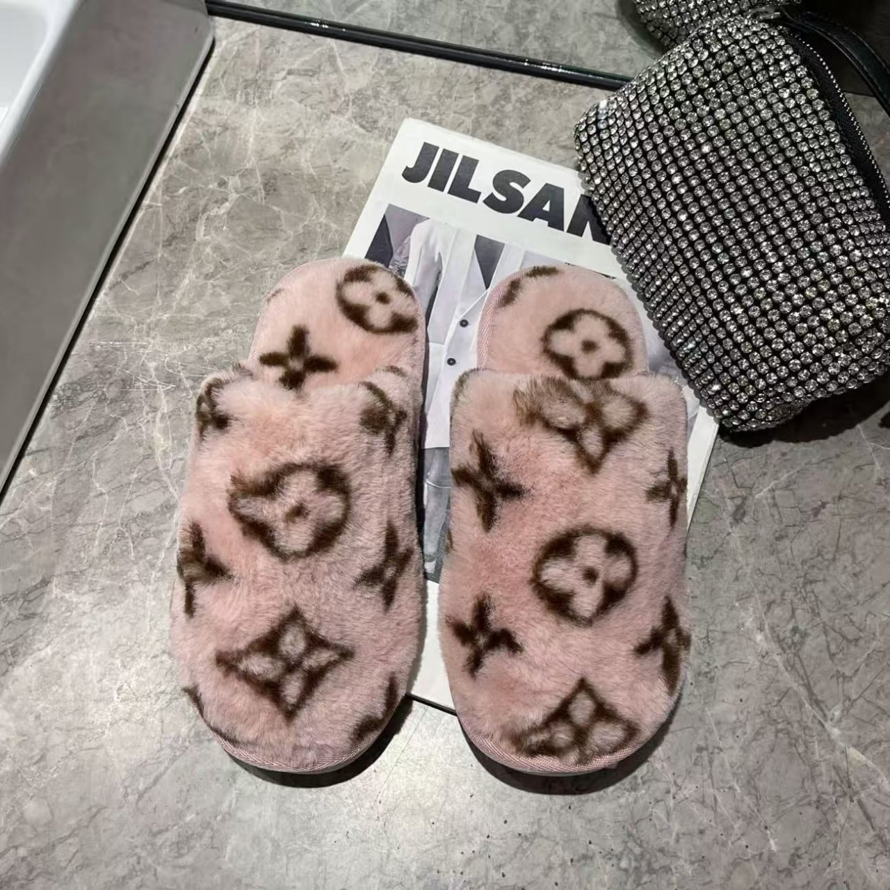 Louis Vuitton Monogram Faux Fur Slippers