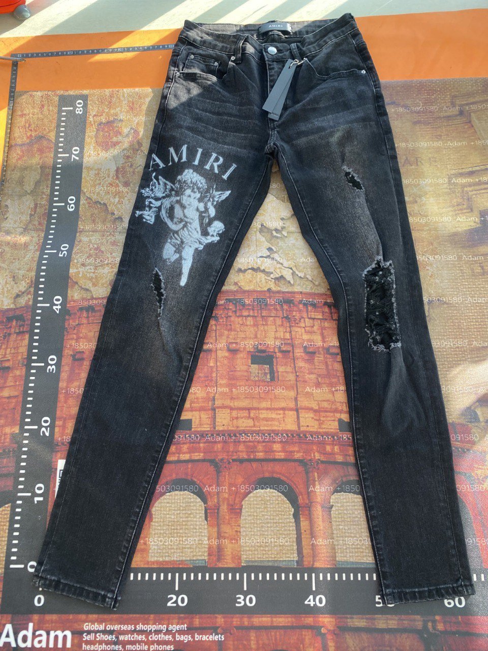 AMIRI Angel Print Distressed Black Jeans