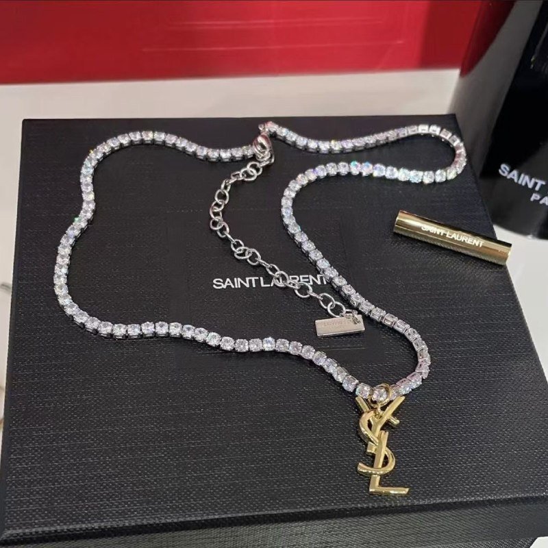 Saint Laurent Monogram Crystal Chain Necklace
